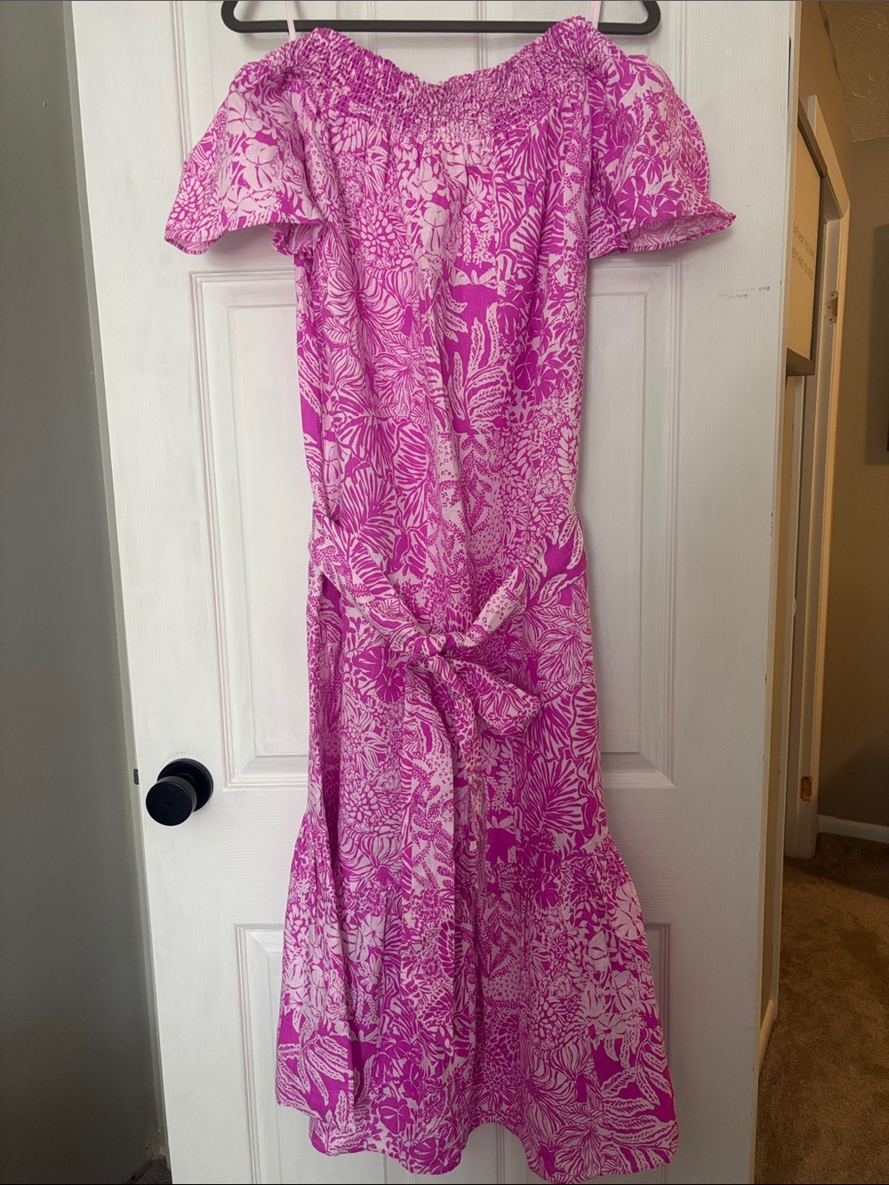 Lilly Pulitzer Hot Pink Botanical Off-Shoulder Maxi Dress with Tie